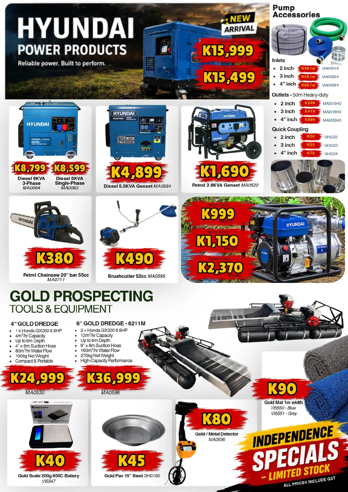Page 5: Independence specials on Hyundai generators, power equipment and gold prospecting tools
