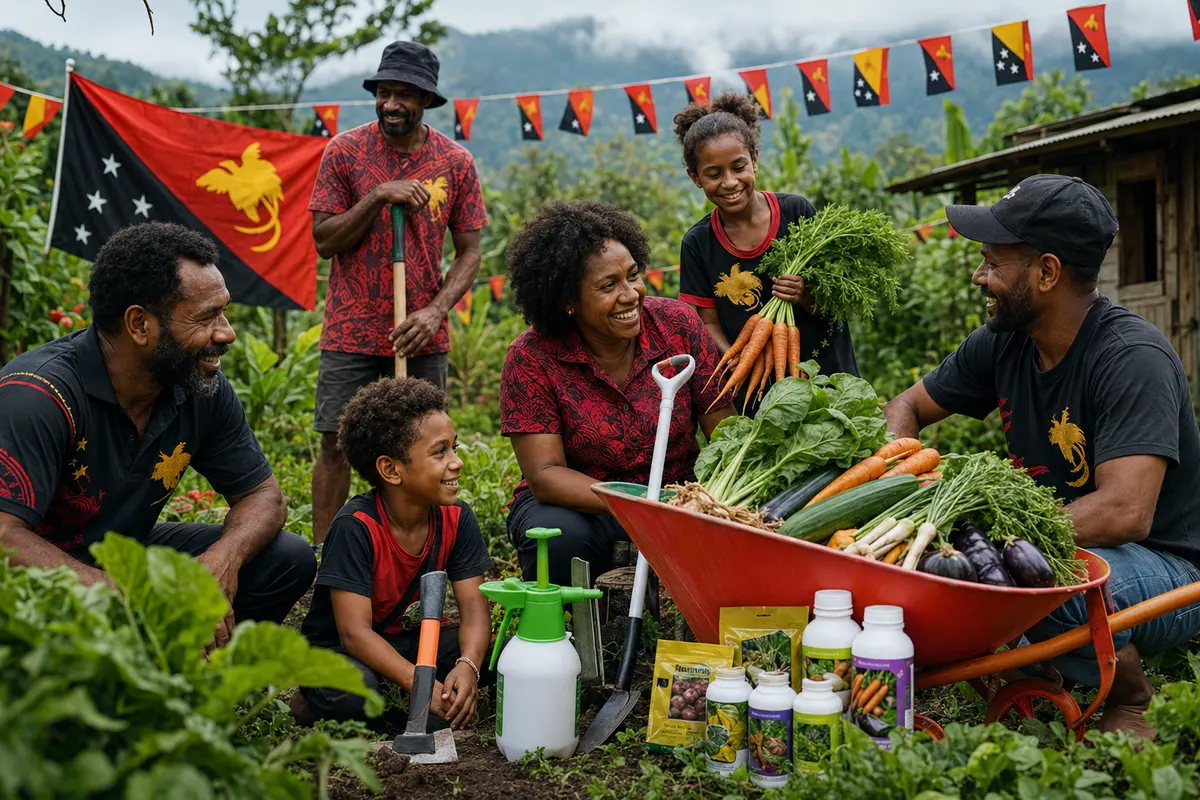 Papua New Guinean family celebrating Independence with a harvest, garden tools, sprayer and wheelbarrow