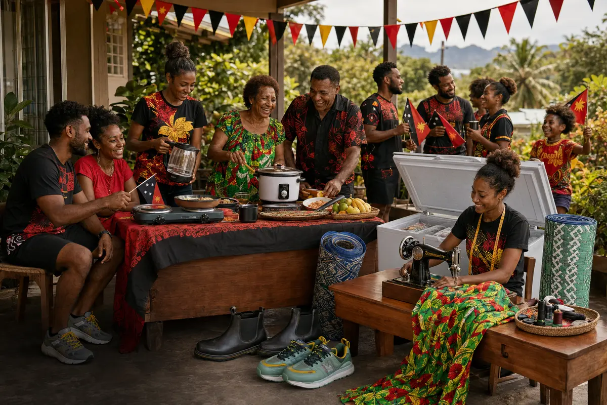 Papua New Guinean family celebrating Independence with cooking appliances, a freezer, sewing machine, mats and footwear
