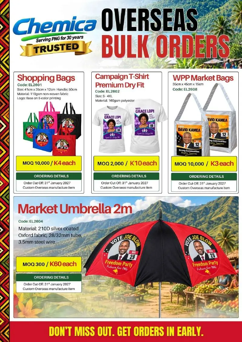 Page 2: Overseas bulk campaign orders including bags, T-shirts and umbrellas
