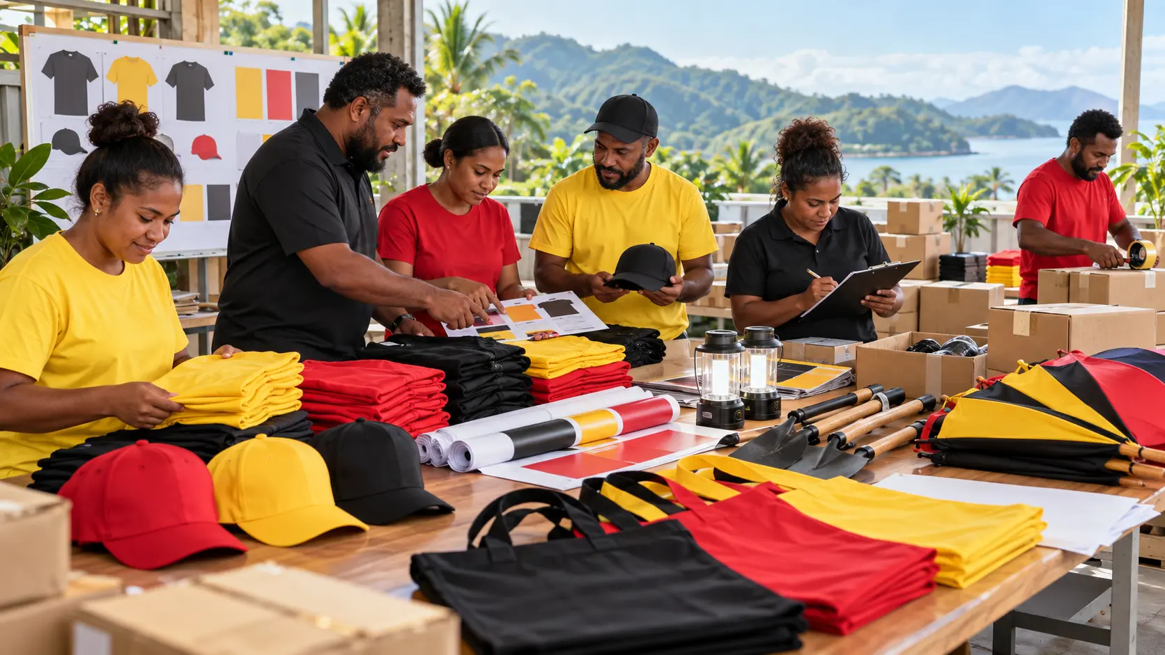 Papua New Guinea campaign team checking merchandise, quantities and practical supplies