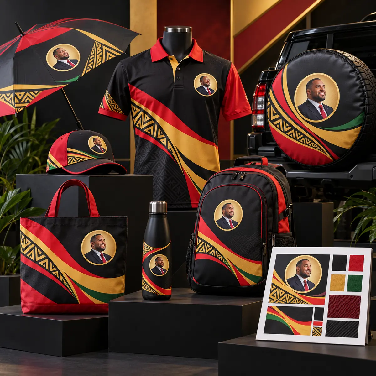 Custom branded campaign merchandise including apparel, bags and umbrellas